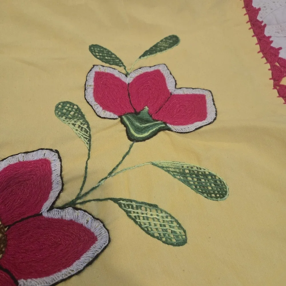 Vintage Mexican Boho Hand Embroidered Pillowcase Standard Yellow & Fuschia